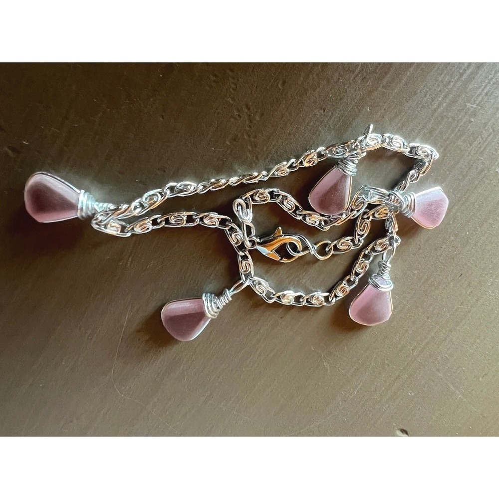 Pink Sea Glass Charm Bracelet 8.5" Silver Wire Wrapped Coastal Boho Feminine